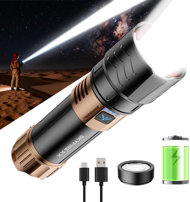 SkyFire مصابيح فلاش قابلة للشحن عالية اللمعان مع عدسة إشعال، 3000 لومن مصباح فلاش فائق السطوع، 7500 مللي أمبير، قابل للتكبير، مصباح تكتيكي مقاوم للماء لأساسيات التخييم في الهواء الطلق والهدايا - مُحسّن - Image 1